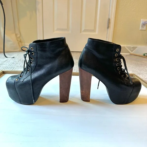 Jeffrey Campbell Black Leather Lace-Up Platform Ankle Boots with Wood Block Heel - Picture 12 of 12